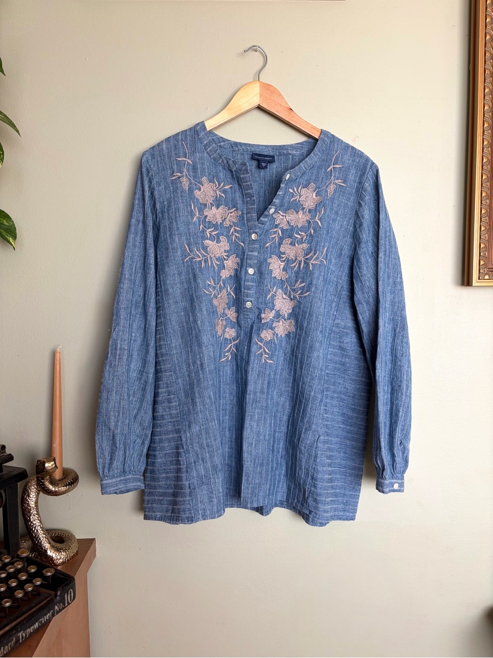 Pure Jill Elements Indigo Embroidered Blue Women's Lightweight Blouse Size L